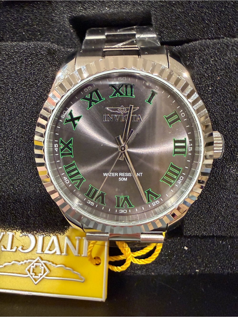 Invicta Silver Watch with Gray Dial and Green Roman Numerals